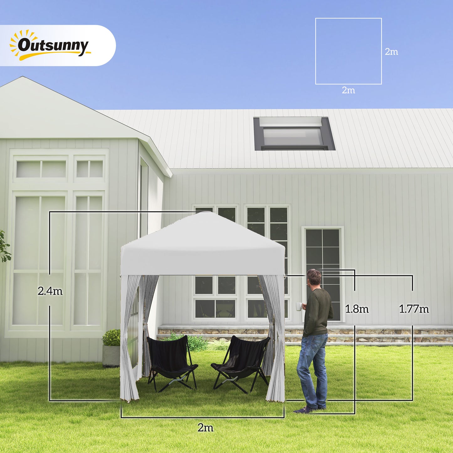 2 x 2 m Garden Pop Up Gazebo, Wedding Party Tent Marquee, Water Resistant Awning Canopy with Sidewalls, Windows, Carry Bag