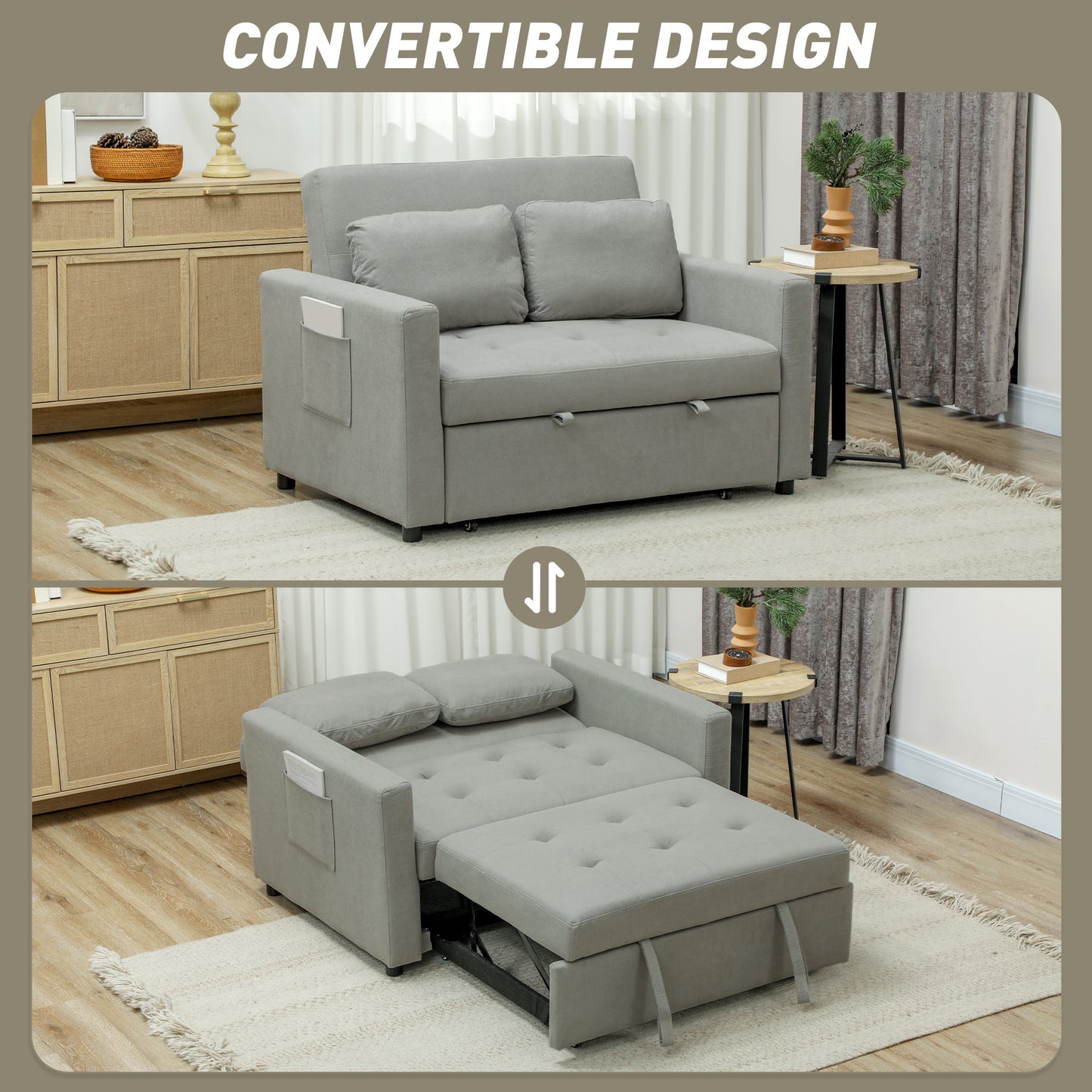 Loveseat Sofa Bed, Convertible Bed Settee with 2 Pillows, Side Pockets, Light Grey