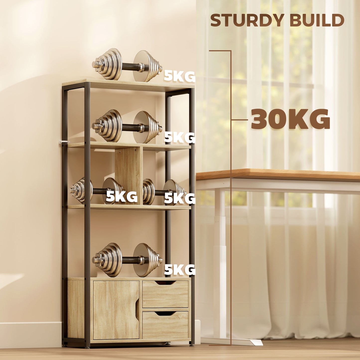 4-Tier Bookcase, Bookshelf with 1 Cabinet and 2 Drawers for Living Room, Bedroom, Study, Natural Wood