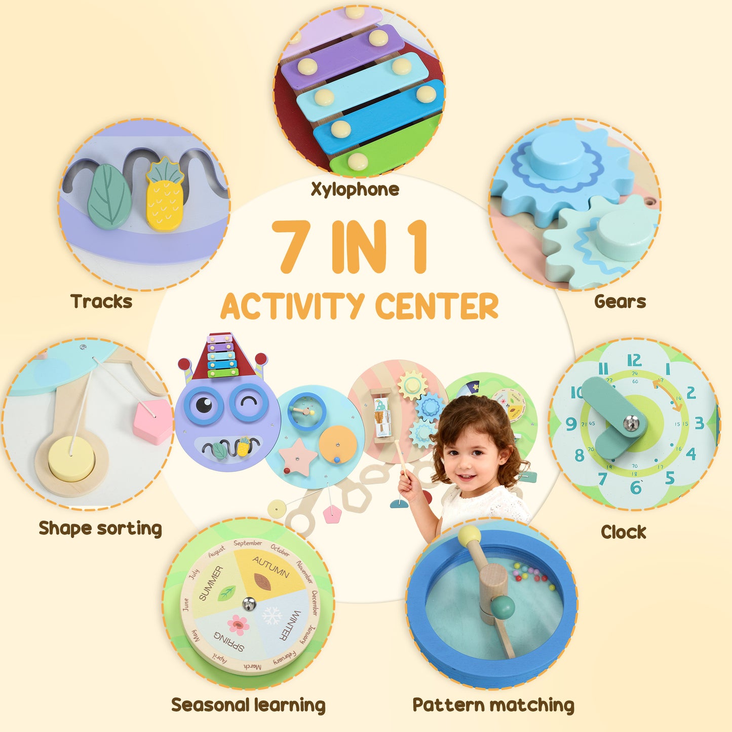 Caterpillar Busy Board with 7 Activities, for Nursery, Playroom, Home, for 3+ Years