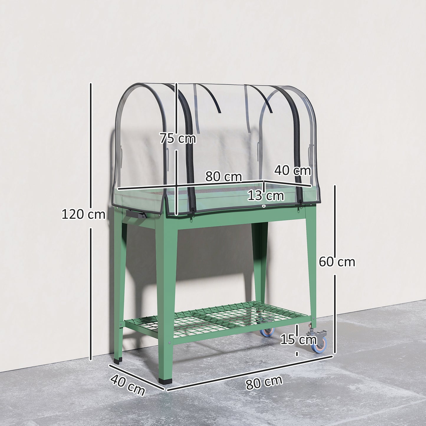 Raised Planter with Greenhouse Cover, Mobile Elevated Garden Bed with Wheels and Bottom Shelf for Vegetables, Green