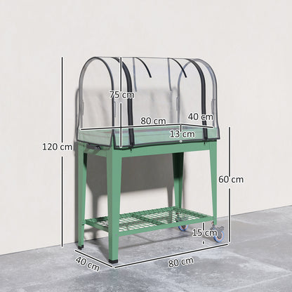 Raised Planter with Greenhouse Cover, Mobile Elevated Garden Bed with Wheels and Bottom Shelf for Vegetables, Green