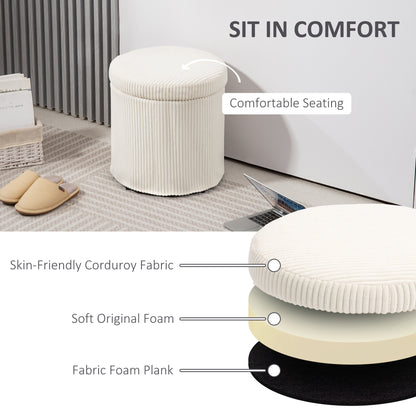 40cm Round Storage Ottoman, Corduroy Footstool with Removable Lid and Legs, Vanity Stool for Living Room, Bedroom, Beige