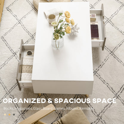 Coffee Table, Modern Tea Table with Open Storage Shelves, Two Drawers and Solid Wood Legs, Coffee Tables for Living Room