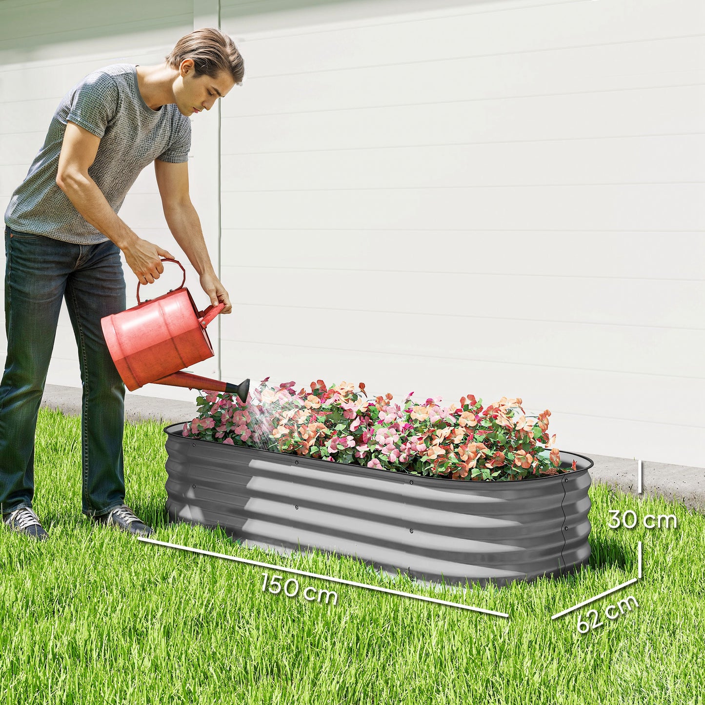 Galvanised Raised Garden Bed, Metal Planter Box with Safety Edging, for Flowers, Herbs, Succulents, Silver