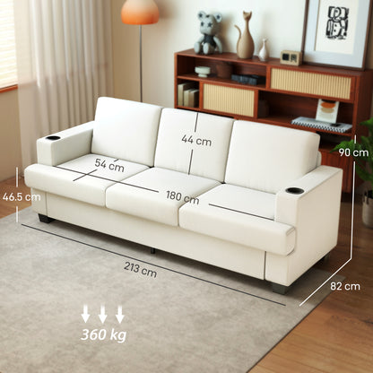 3 Seater Sofa with USB Ports & Cup Holders - Cream White