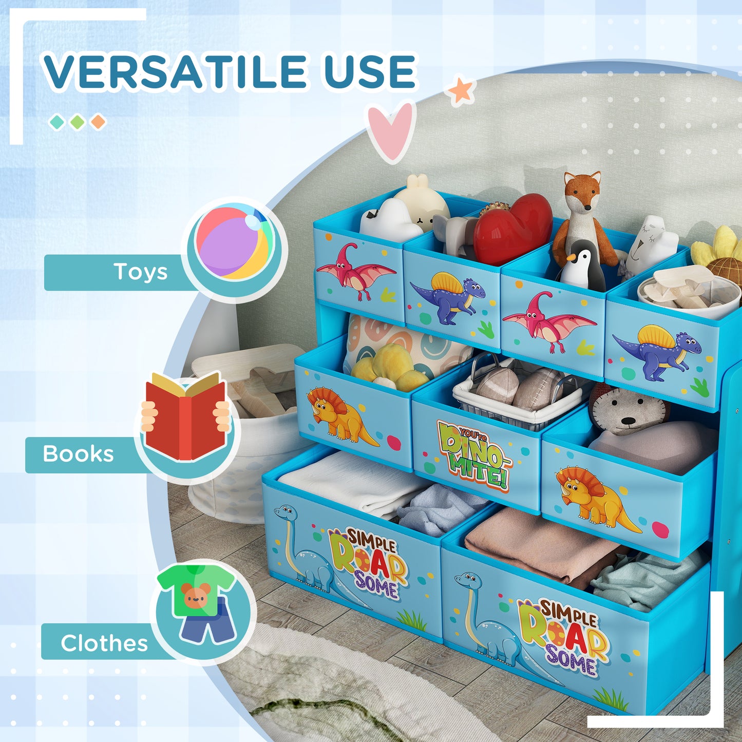 3-Tier Kids Storage Unit with 9 Non-Woven Fabric Boxes for Toys, Books, for Bedroom, Nursery, Blue