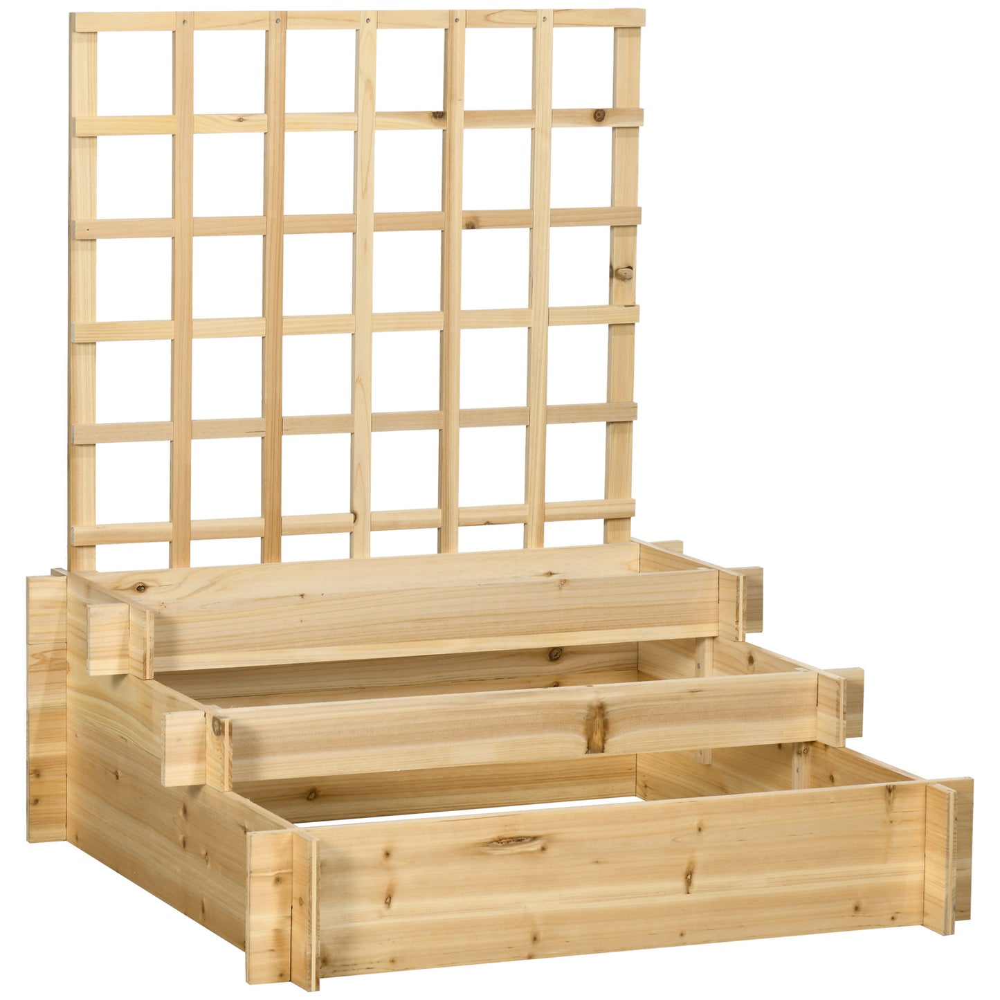 3 Tier Garden Planters with Trellis for Vine Climbing, Wooden Raised Beds, 95x95x110cm, Natural Tone