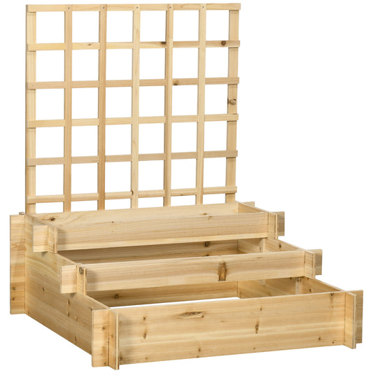 3 Tier Garden Planters with Trellis for Vine Climbing, Wooden Raised Beds, 95x95x110cm, Natural Tone