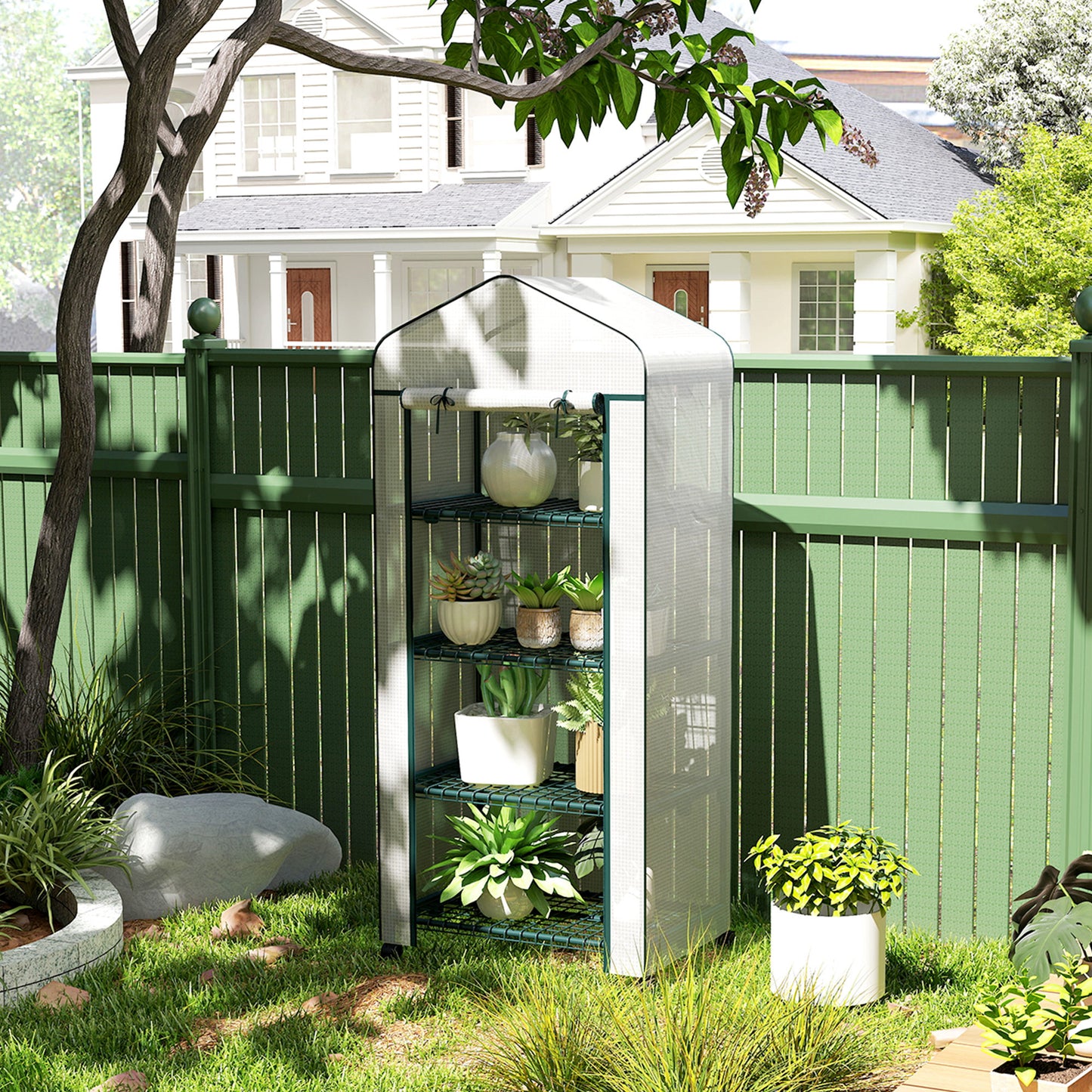 4 Tier Mini Portable Greenhouse Compact Plant Grow Shed Metal Frame PE Cover with Lockable Rolling Wheels, White