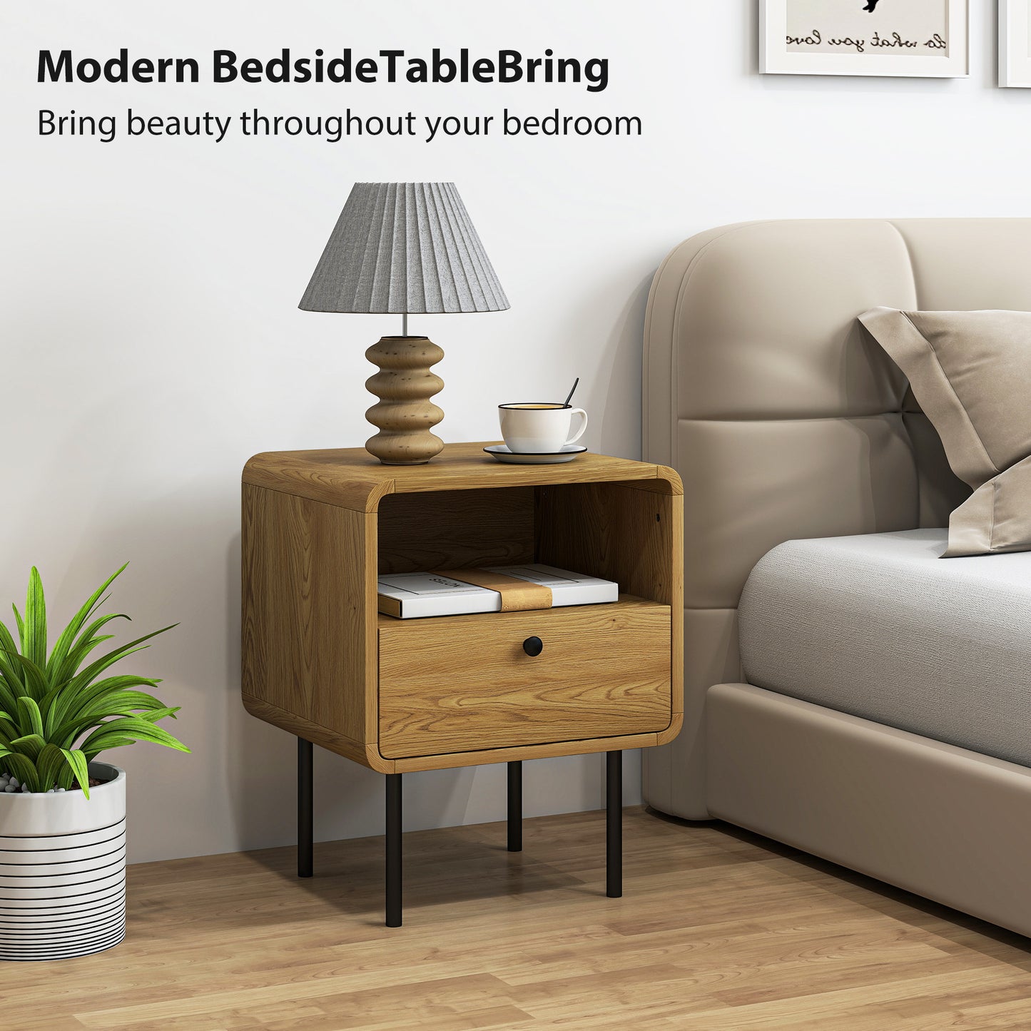 Bedside Table with Drawer and Open Shelf - Oak