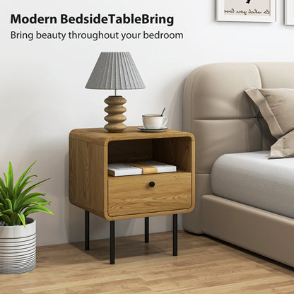 Bedside Table with Drawer and Open Shelf - Oak