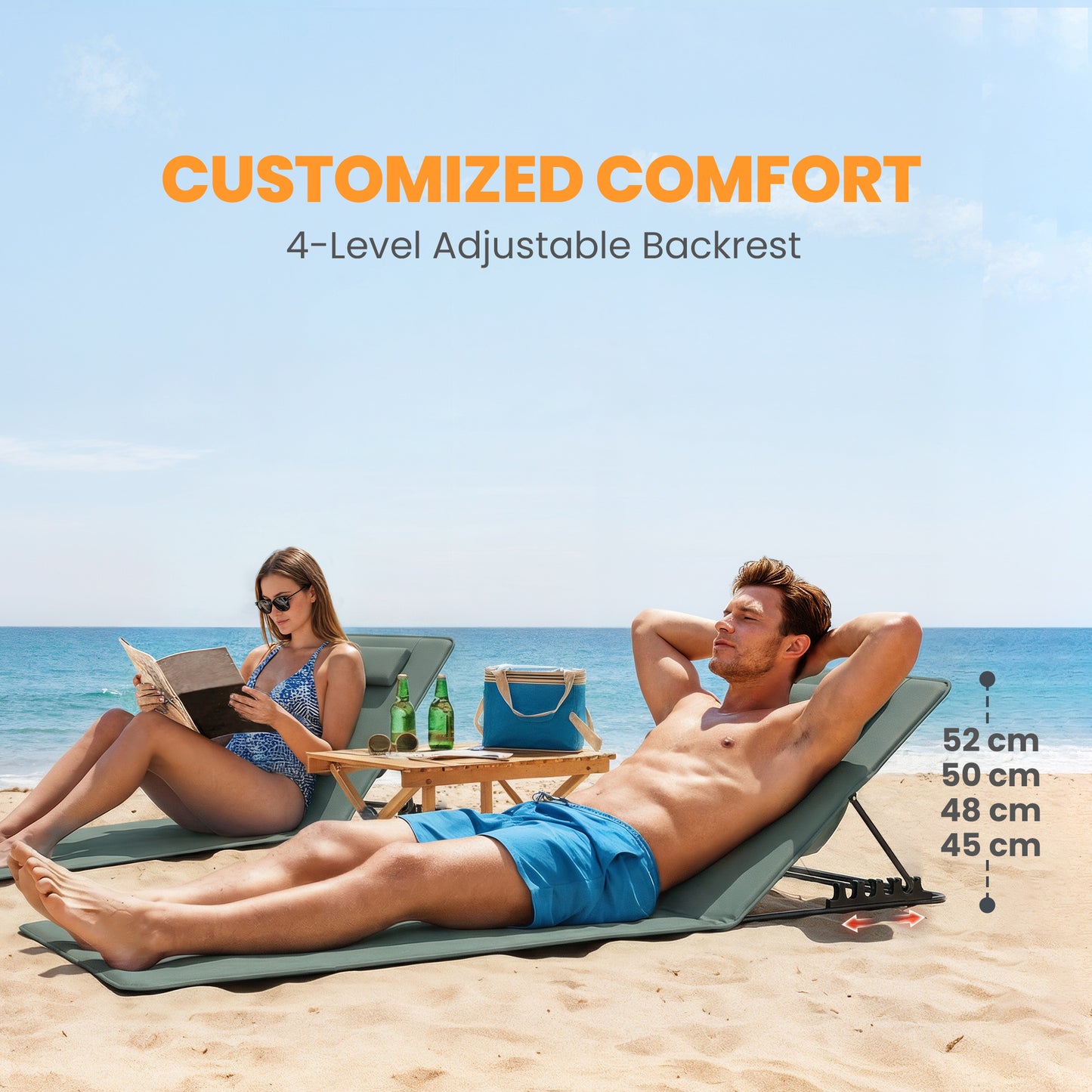Foldable Sun Loungers Set of 2, Portable Folding Beach Lounger with 4-level Adjustable Backrest, Grey