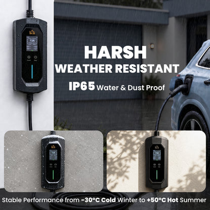 EV Charger Type 2 to 3 Pin Plug, 10 m, 2.8 kW, 6-13 A, Electric Car Charger Type 2 Charging Cable w/ 1-12 h Time Delay
