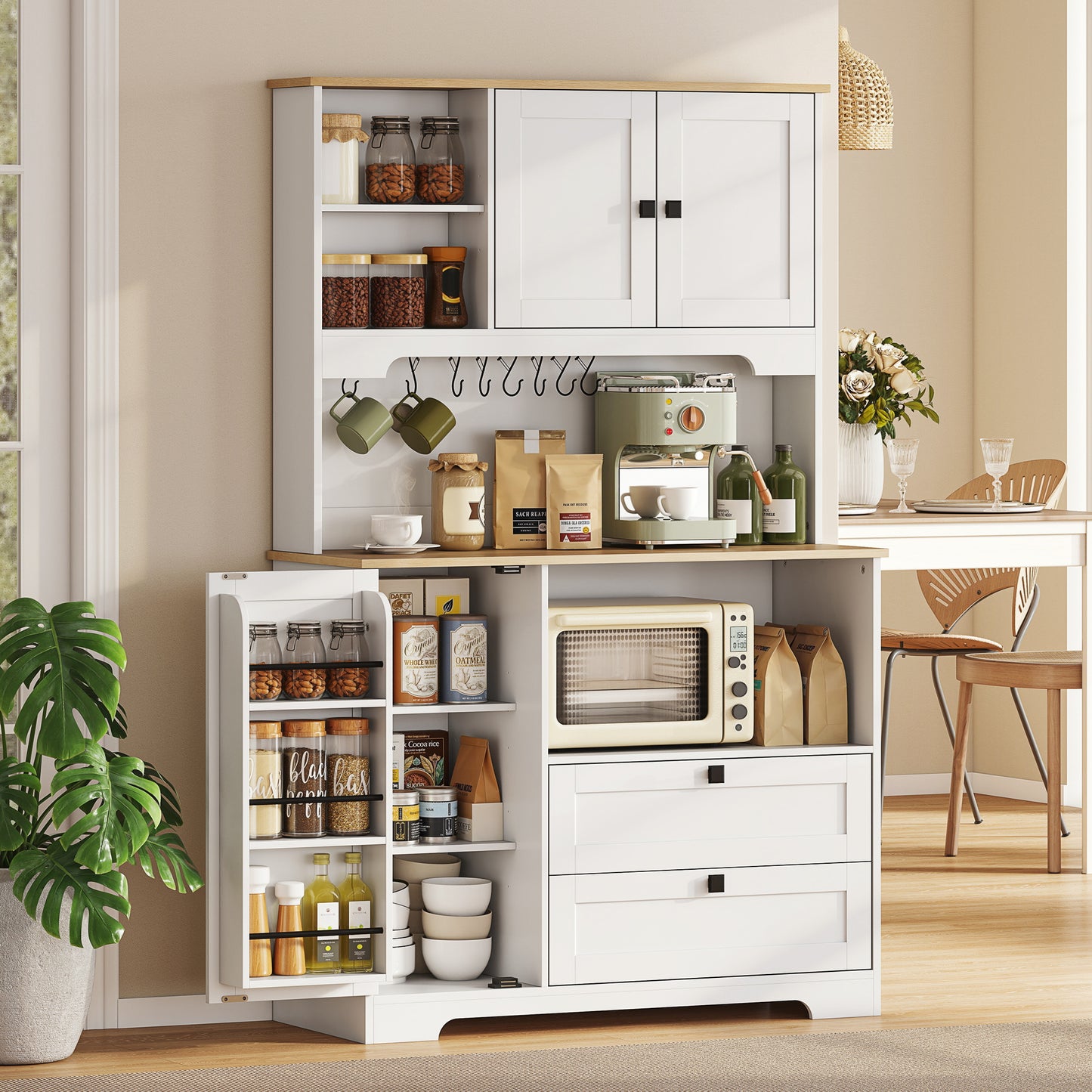 Kitchen Cupboard, Freestanding Kitchen Cabinet with 2 Cabinets, 2 Drawers, Open and Adjustable Shelves, White