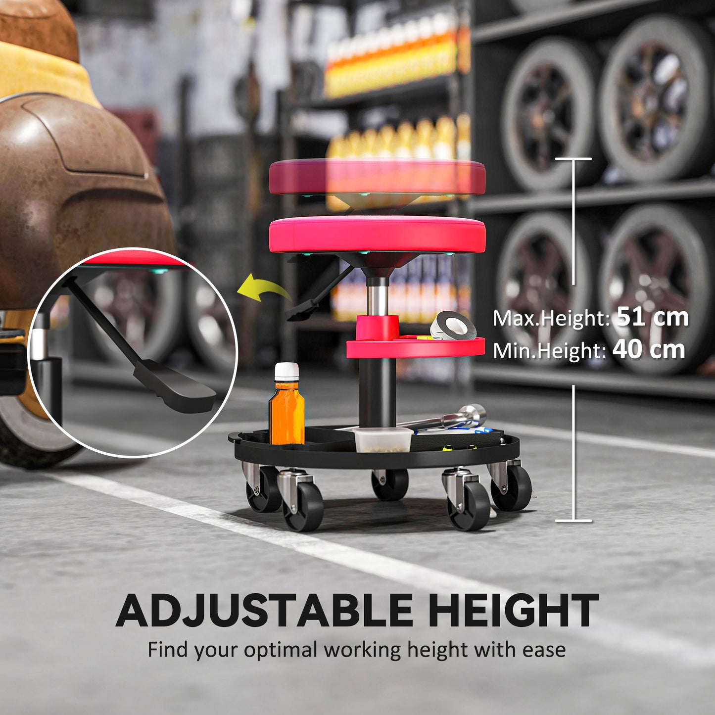 Rolling Mechanic Stool, 135kg Capacity Workshop Stool, 360° Swivel Roller Padded Creeper Seat with Wheels