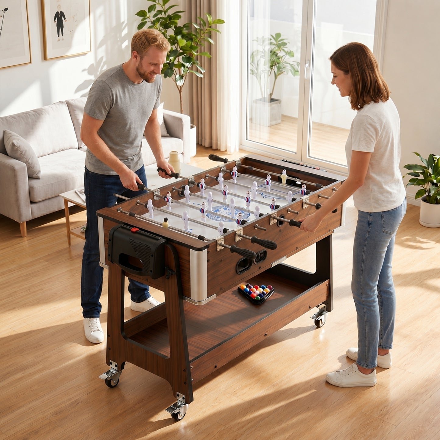3 in 1 Multi Game Table, 3.4ft Reversible Air Hockey Pool Football Games Table with Lockable Wheels, Storage Shelf