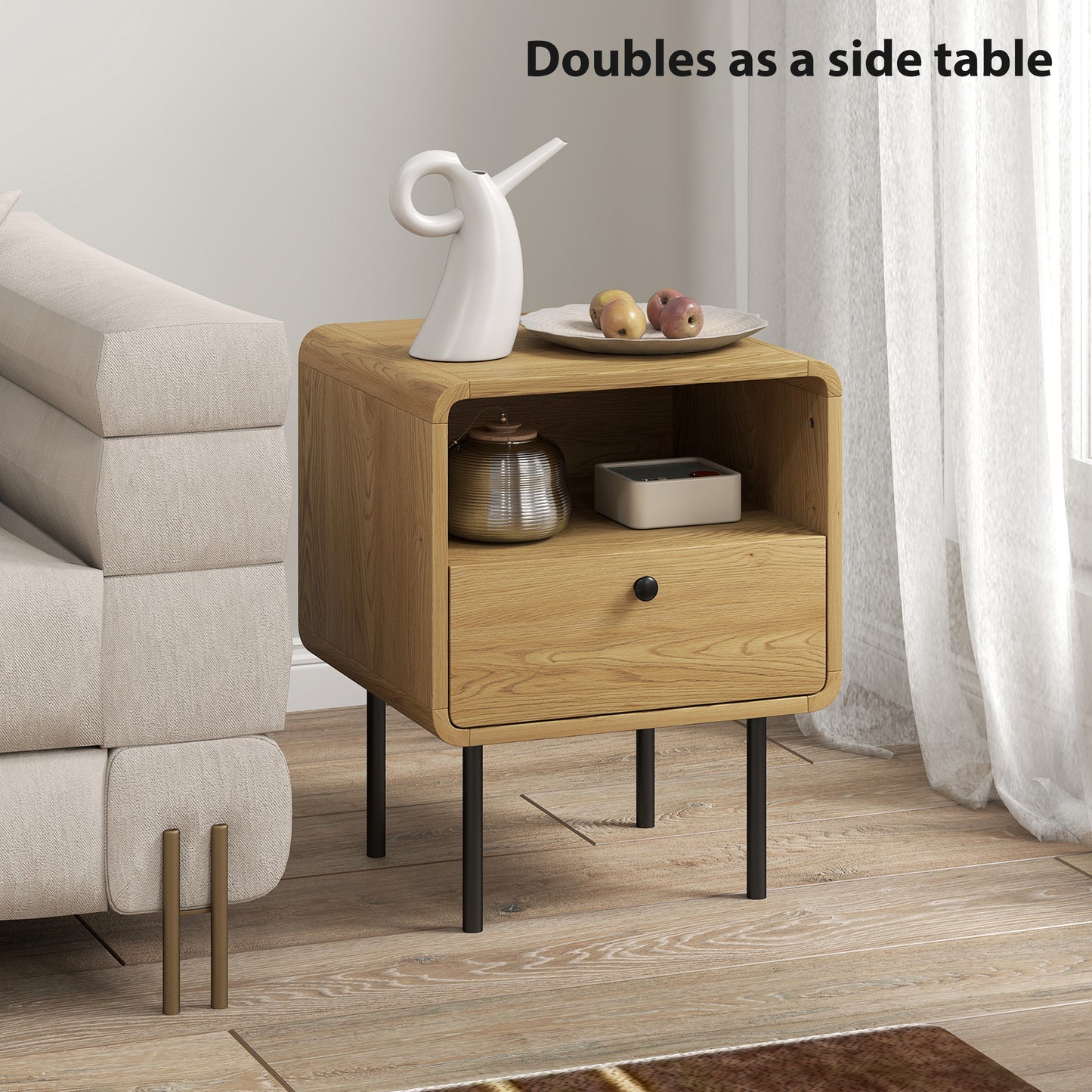 Bedside Table with Drawer and Open Shelf - Oak