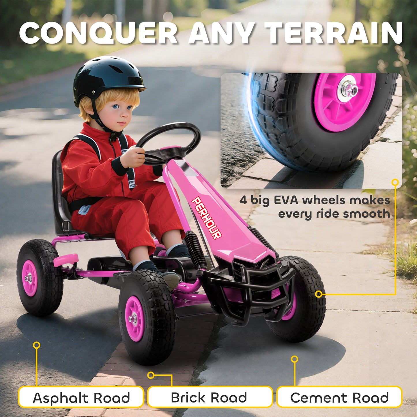 Kids Pedal Go Kart with Adjustable Seat, EVA Tyres, Manual Clutch, Brake, Go Kart for Kids 3-8 Years, Pink