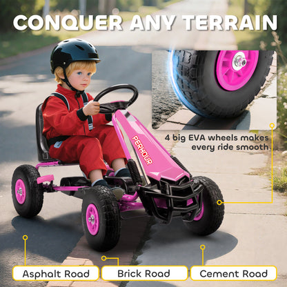 Kids Pedal Go Kart with Adjustable Seat, EVA Tyres, Manual Clutch, Brake, Go Kart for Kids 3-8 Years, Pink