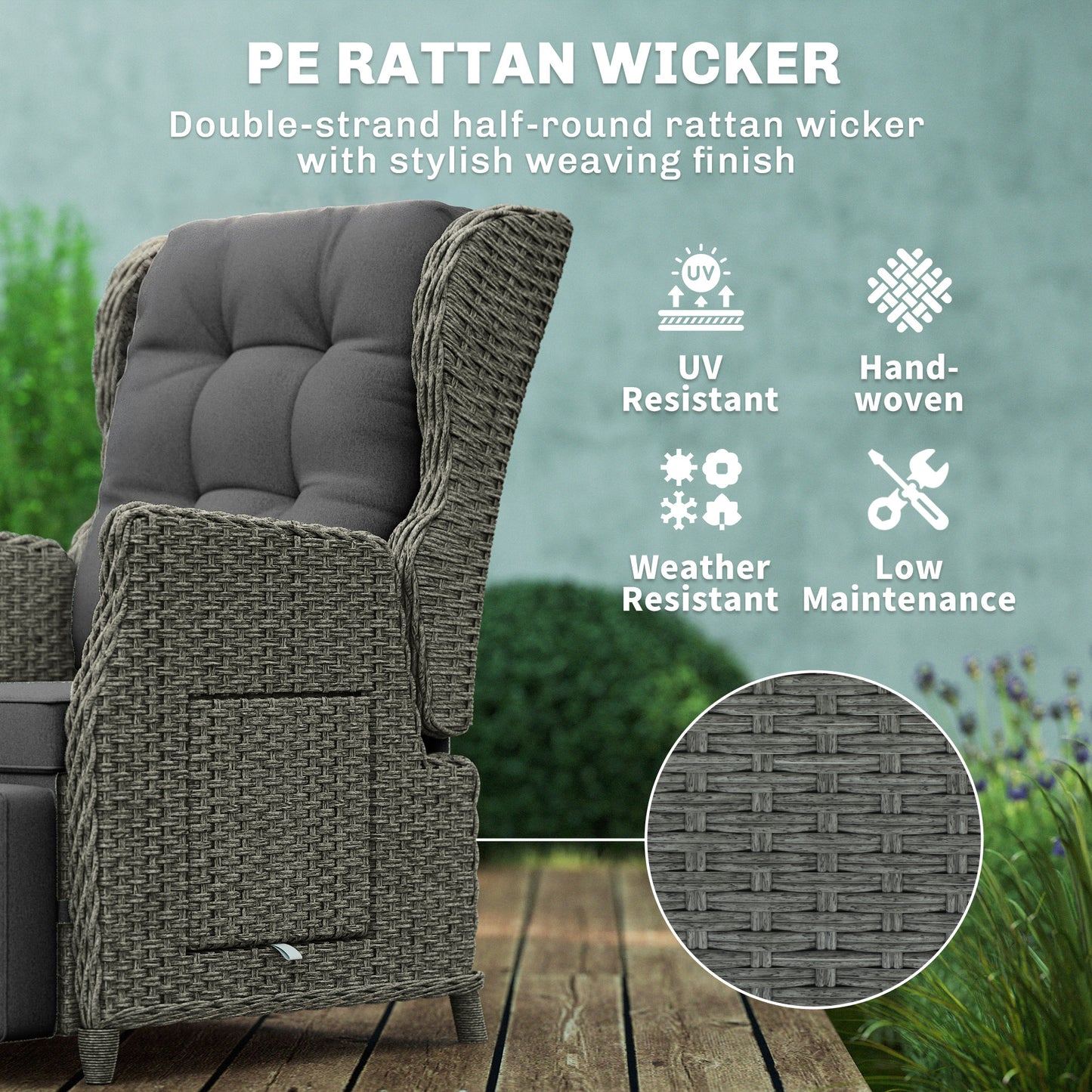 Rattan Garden Recliner Chair, Reclining Garden Chair with Adjustable Back and Footrest, Flip Table, Cushion, Dark Grey