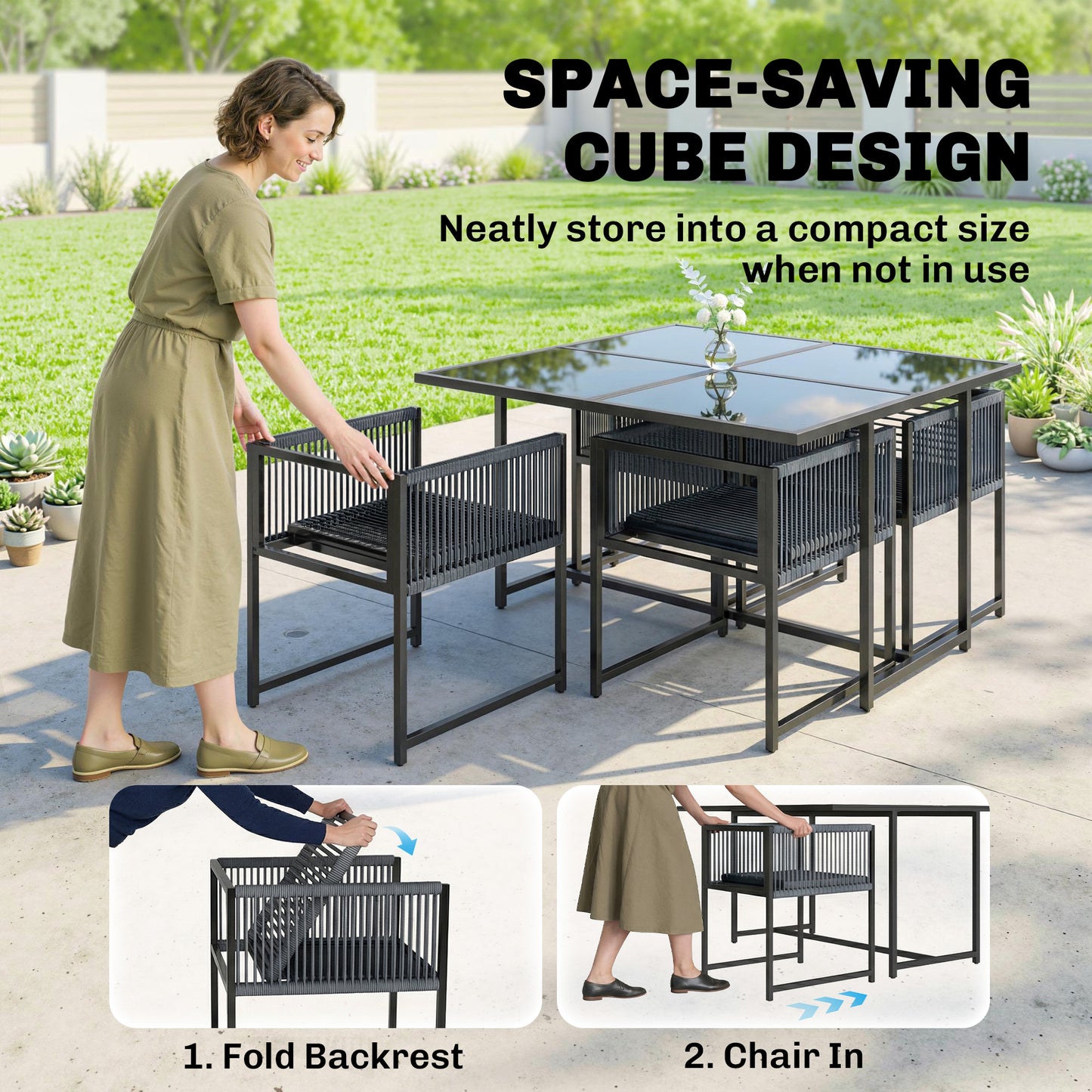 5 Pieces Garden Dining Set, Outdoor Patio Cube Set, 4 Seater Outdoor Table and Chairs with Foldable Backrest, Dark Grey