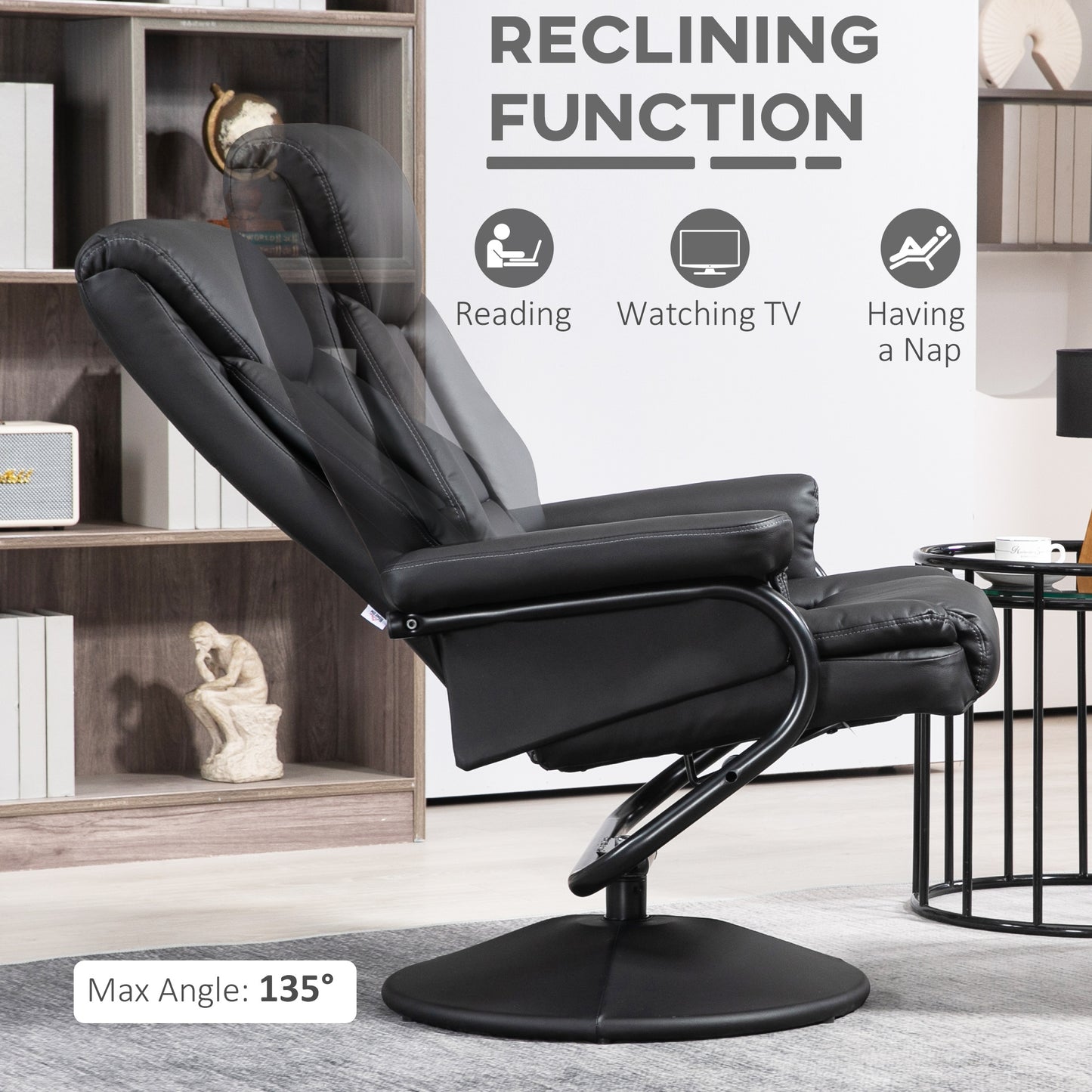 Swivel Recliner Chair with Footstool, PU Leather Recliner Armchair with Ottoman, Steel Base