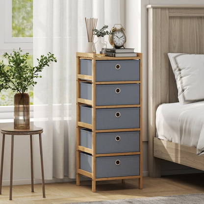 Chest of Drawers, 5 Fabric Drawers Narrow Dresser with Bamboo Frame, Light Grey