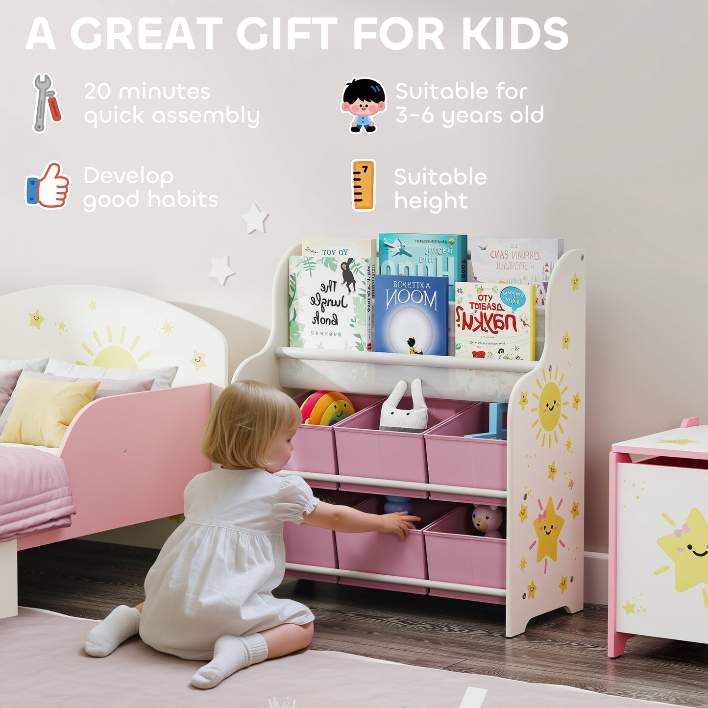 Kids Storage Unit, Toy Organiser with 6 Fabric Drawers and 2-Tier Sling Book Rack for Bedroom, Playroom, Nursery, Pink