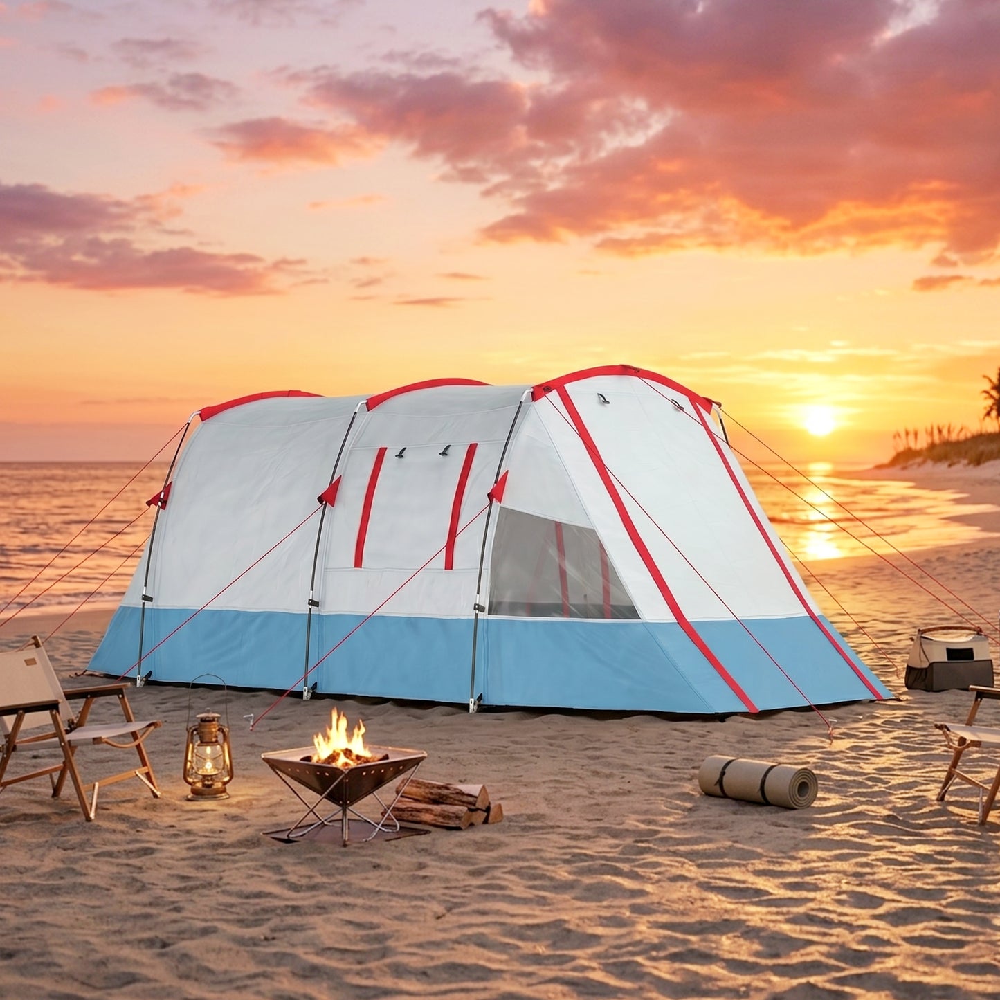 3 Person Tunnel Tent, Large Camping Tent with Bedroom, Living Room, Sewn-in Floor, 3 Doors, Carry Bag, 2000mm for Fishing