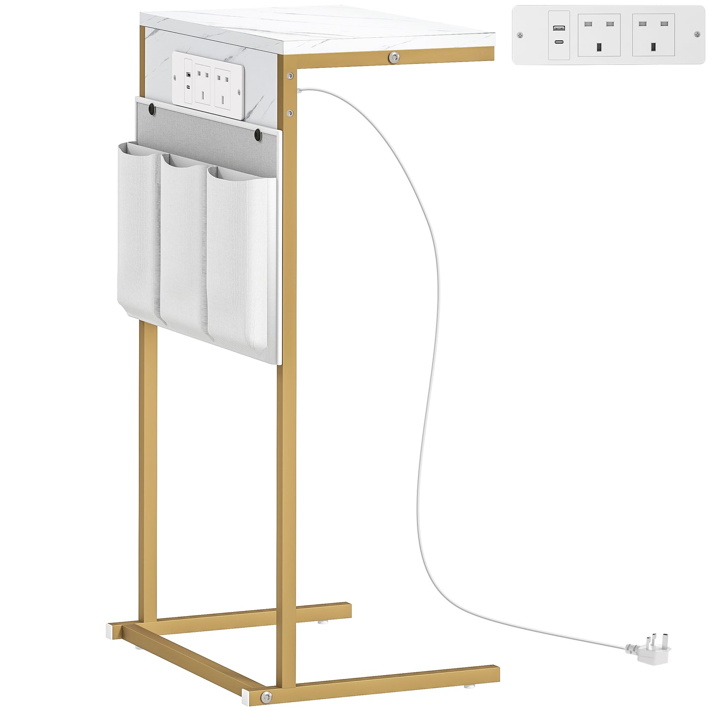 C-Shaped Bedside Table with Charging Station, Marble Grain Side Table with Power Outlets & USB Ports, Storage Bags