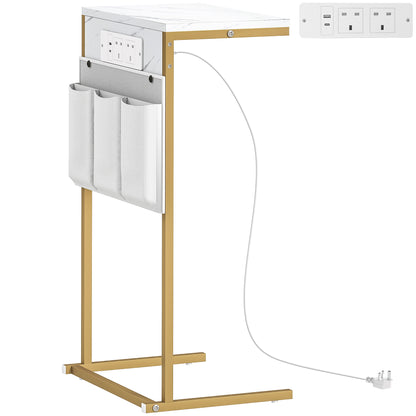 C-Shaped Bedside Table with Charging Station, Marble Grain Side Table with Power Outlets & USB Ports, Storage Bags