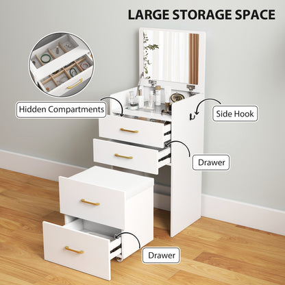 Compact Dressing Table and Stool Set, with Storage - White