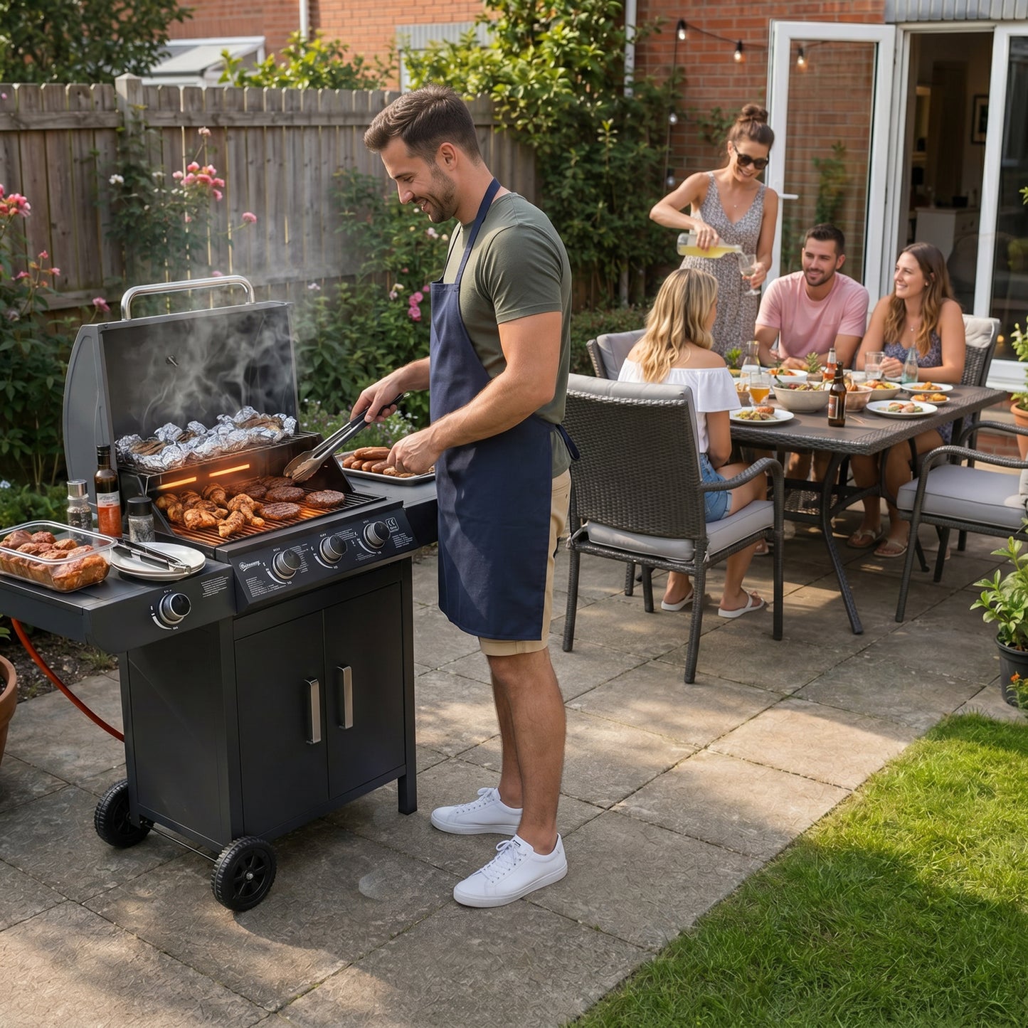3+1 Burner Gas BBQ Grill, Outdoor Barbecue Trolley with Wheels, Warming Rack, Side Shelves, Cabinet, Thermometer for Garden