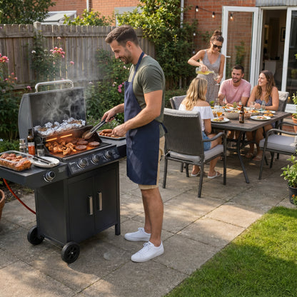 3+1 Burner Gas BBQ Grill, Outdoor Barbecue Trolley with Wheels, Warming Rack, Side Shelves, Cabinet, Thermometer for Garden