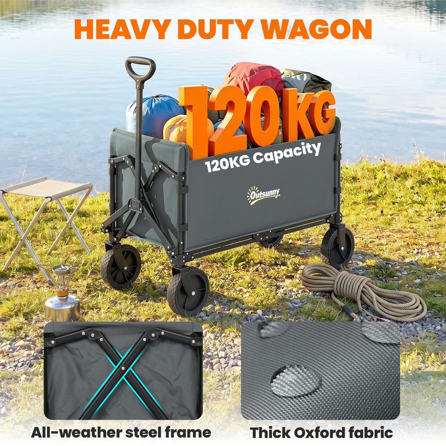 180L Festival Trolley on Wheels, Folding Compact Camping Trolley Cart with Adjustable Handle, 120 KG Capacity for Garden