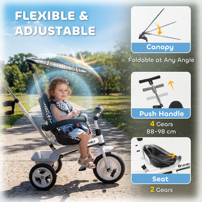 6 in 1 Tricycle for Kids with 5-point harness straps, Removable Canopy, White