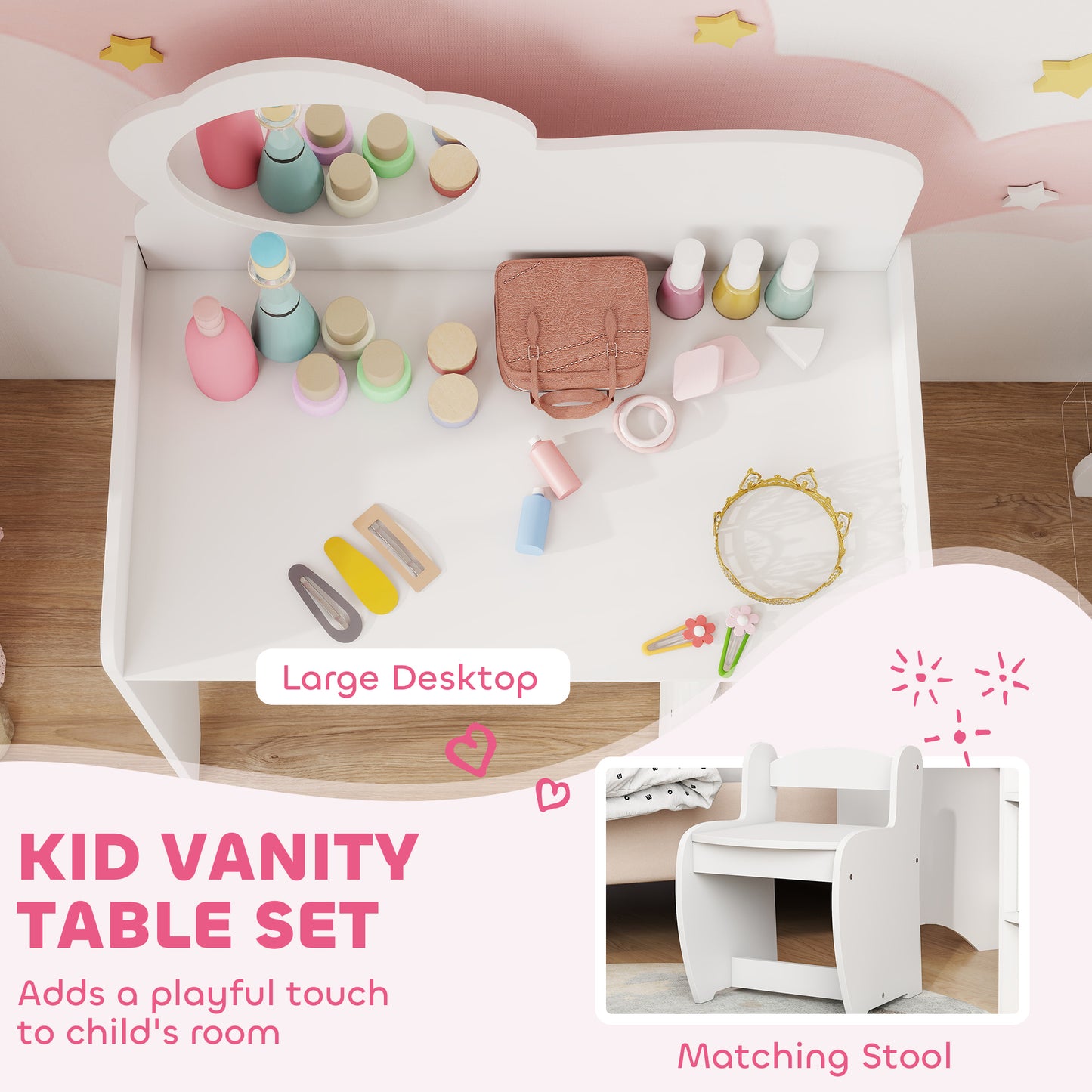 Kids Dressing Table with Mirror, Stool, Kids Vanity Table with Shelves, for Ages 3-8 Years, White