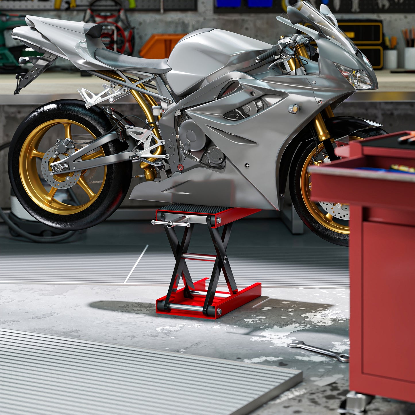 500KG Motorcycle Lift Scissor Jack, Height Adjustable Motorbike Stand with Anti-Slip Wide Deck