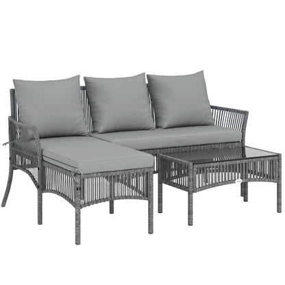 3 Piece Rattan Garden Furniture Corner Sofa Set with Chaise Lounge, Loveseat, Glass Coffee Table, Cushions, Dark Grey
