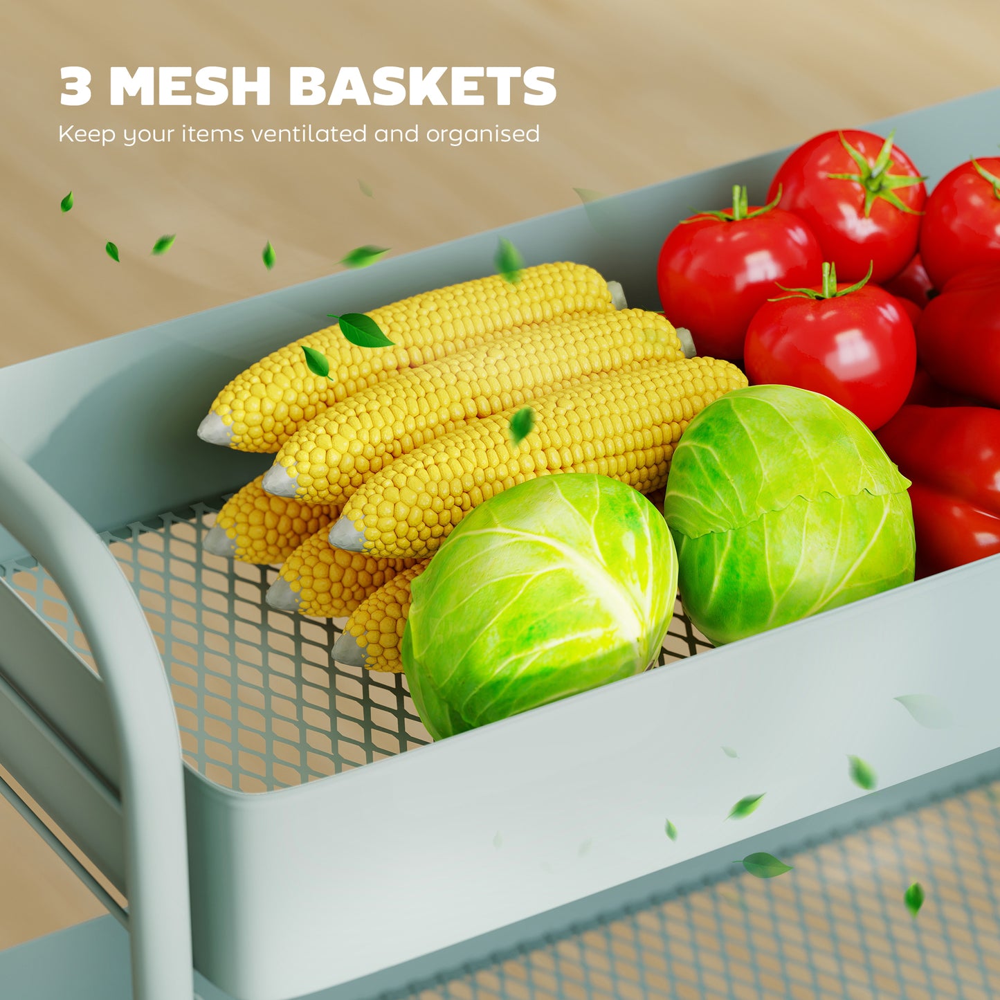 3-Tier Storage Trolley on Wheels, Rolling Utility Cart with Mesh Backets for Kitchen, Bathroom, Bedroom, Light Green