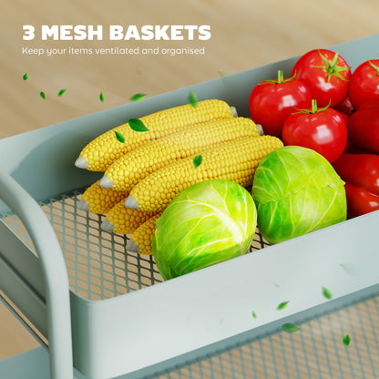3-Tier Storage Trolley on Wheels, Rolling Utility Cart with Mesh Backets for Kitchen, Bathroom, Bedroom, Light Green