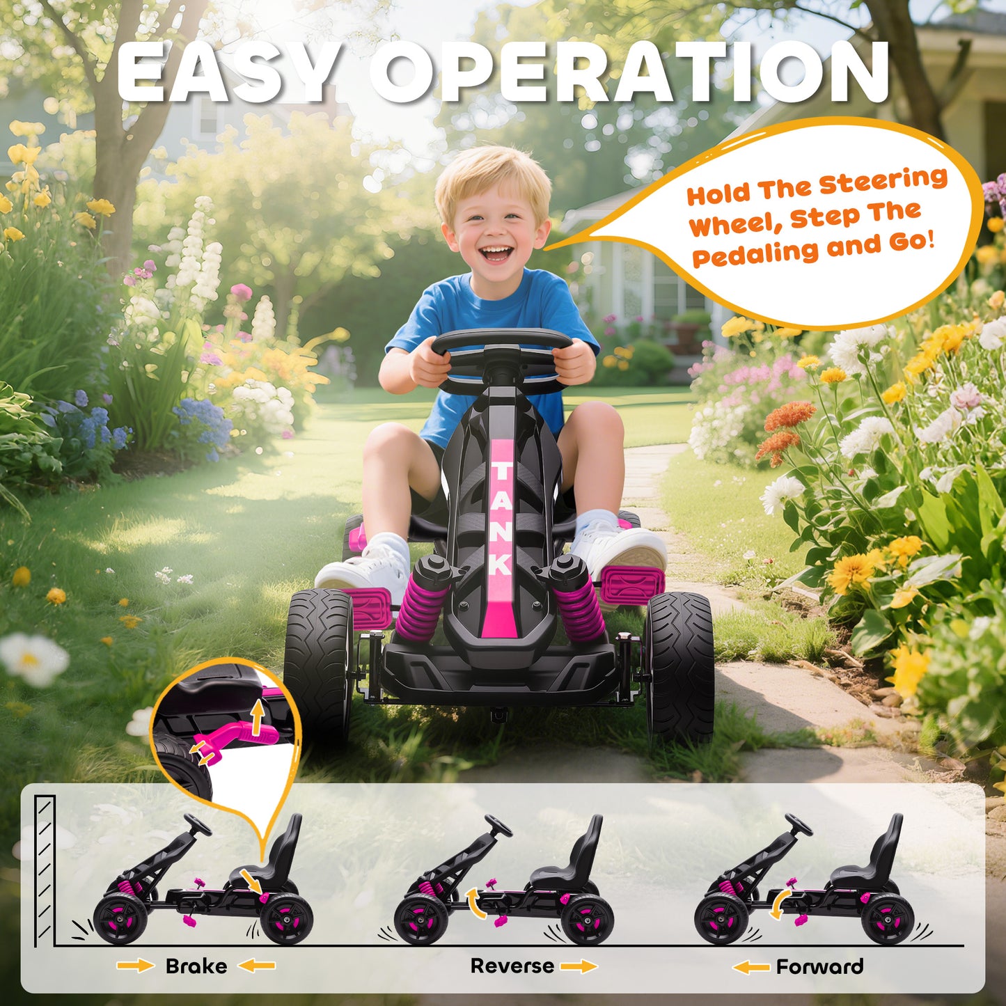 Pedal Go Kart for Kids Aged 3-6 Years, with Freewheel System, Brake, EVA Anti-Slip Wheels, Pink