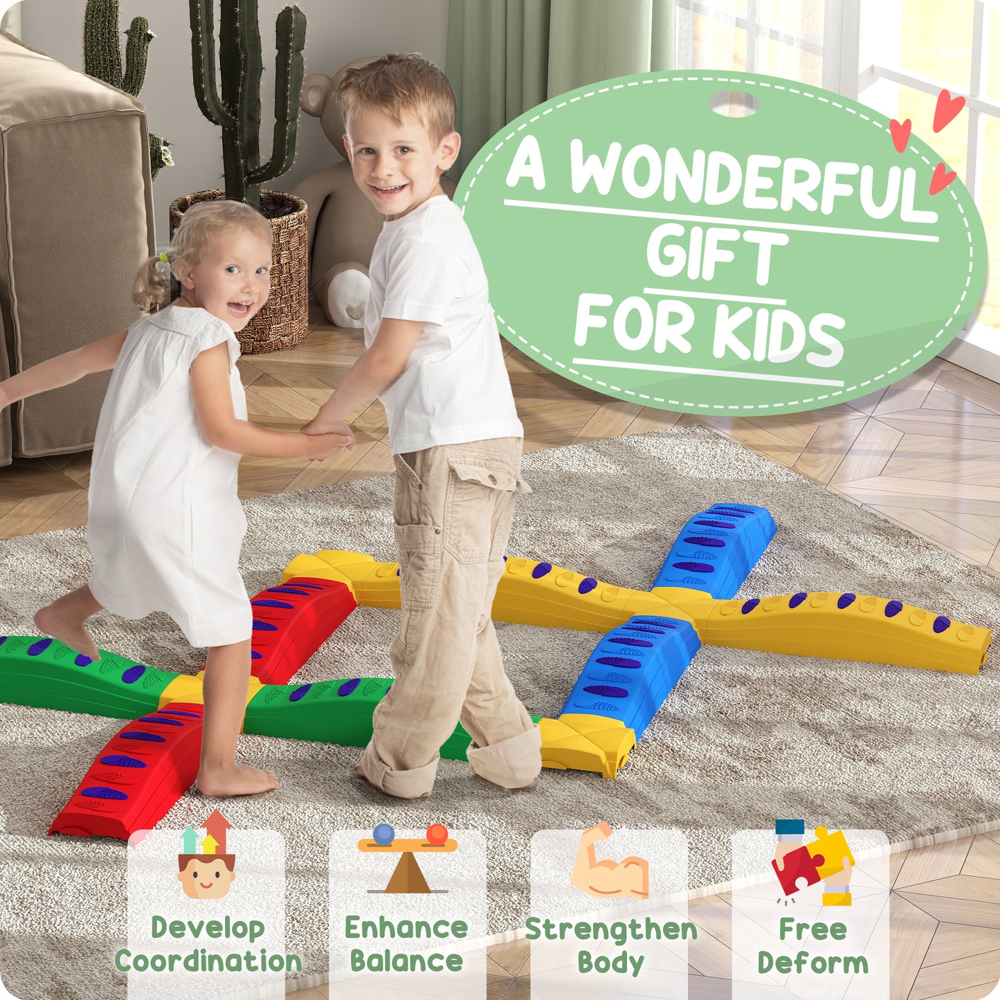 12-Piece Kids Balance Beam Stepping Stones, with Non-Slip Foot Pads, Multicoloured