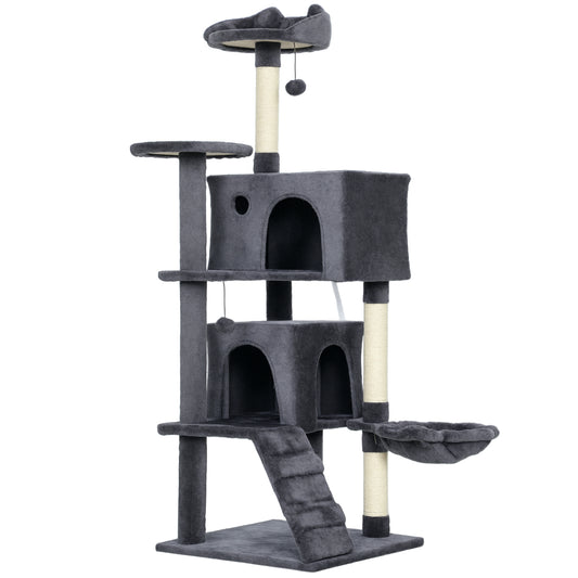 140cm Large Cat Tree Tower with Sisal Scratching Posts, Cat Houses, Plush Perches, Hammock, Ladder, Dark Grey