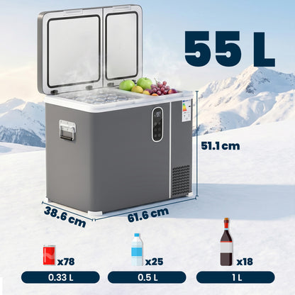 55L Compressor Car Fridge Freezer, Dual Zone Camping Refrigerator with App Control, Grey
