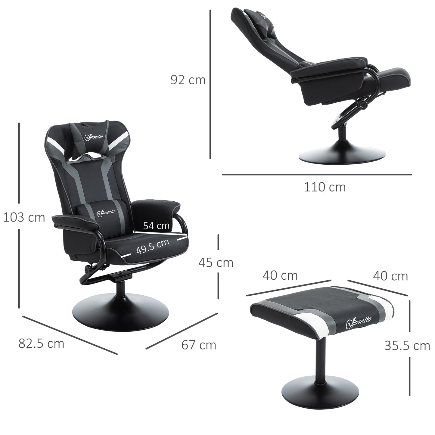 Reclining Chair and Stool Set, Recliner Chair with Headrest, Gaming Chair with Lumbar Support, Pedestal Base for Home Office