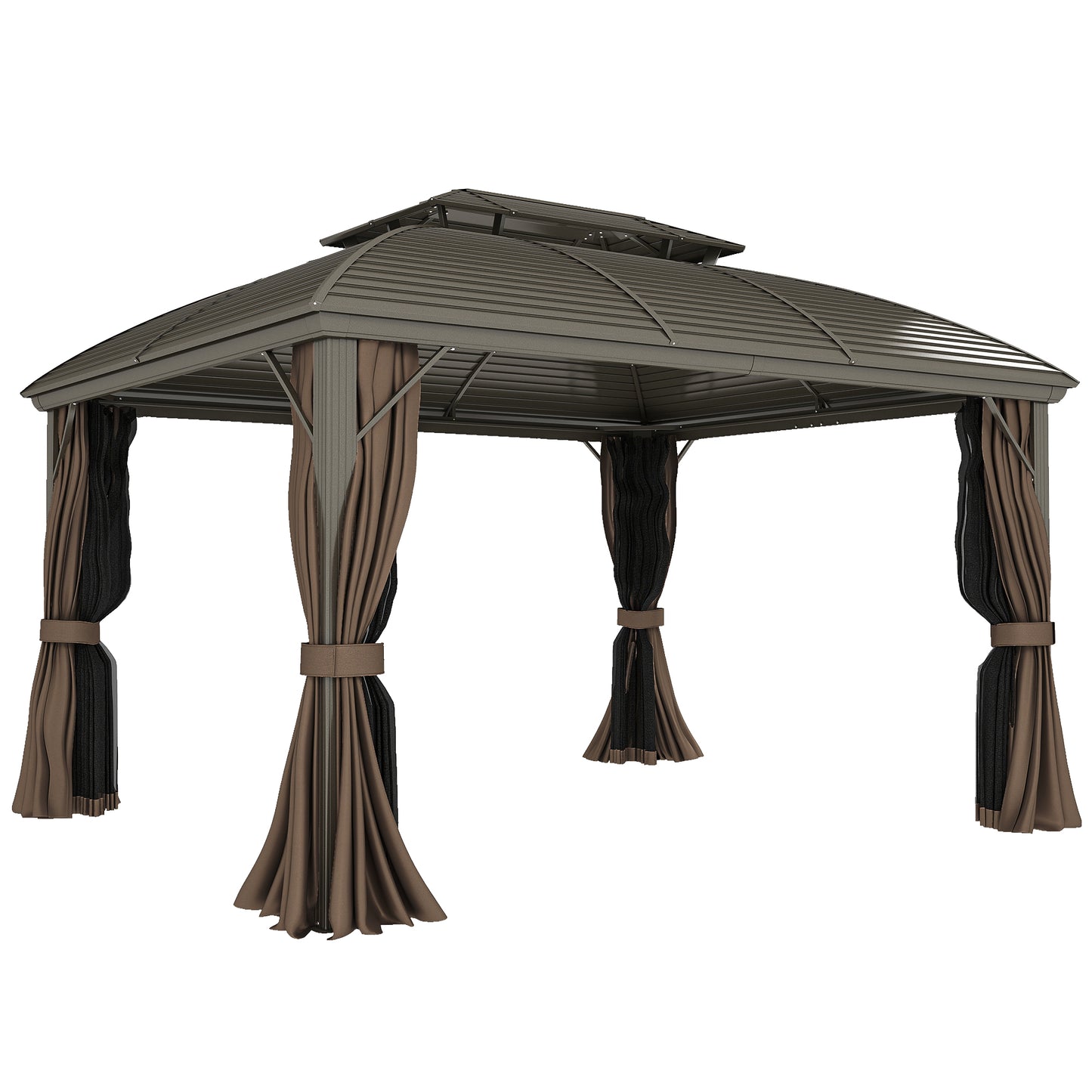 3.65 x 3(m) Hardtop Steel Gazebo Canopy with Aluminium Frame, Double Roof, Net Sidewalls and Curtains, Coffee