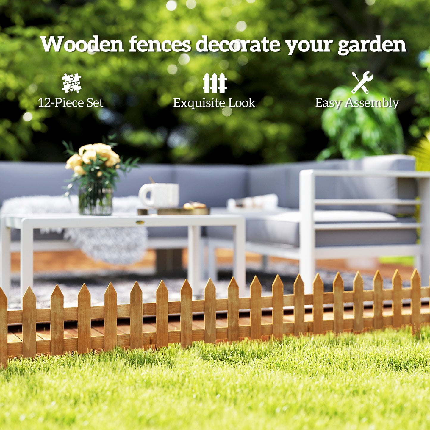 Pack of 12 Wooden Border Fences, Garden Fixed Picket Fence for Lawn Edging, Flowerbed, 60L x 1D x 34H cm, Brown