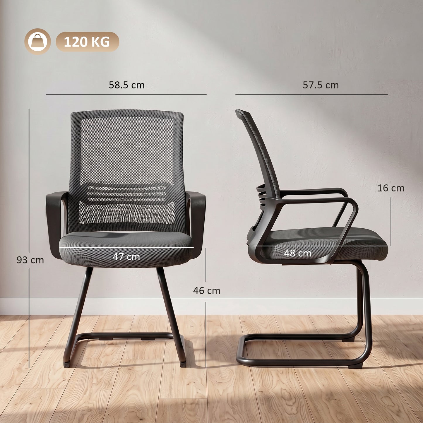 Padded Meeting Office Chair, Ergonomic Desk Chair No Wheels with Sled Base for Bedroom, Waiting, Reception, Dark Grey